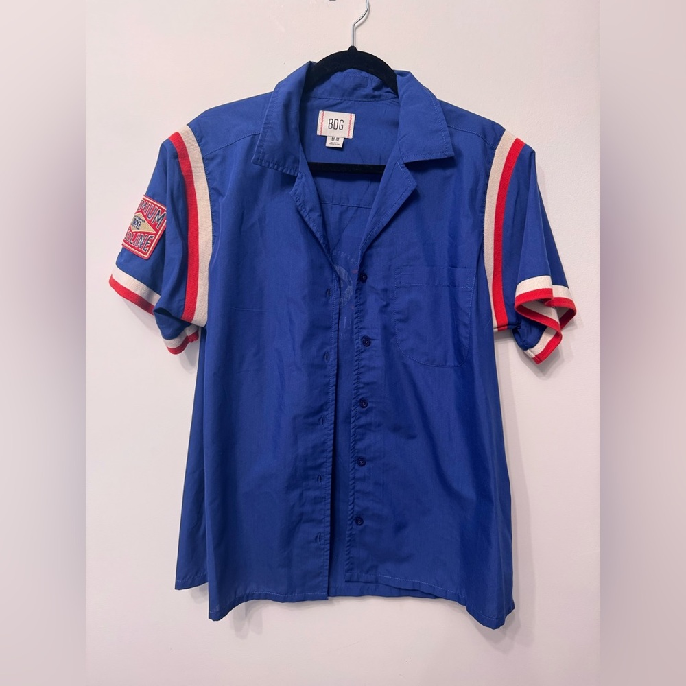 Women’s BDG Blue Button-Up Shirt with Red and White Striped Sleeves